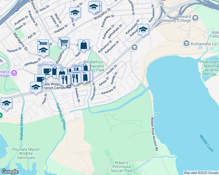 map of restaurants, bars, coffee shops, grocery stores, and more near 94-1015 Awalai Street in Waipahu
