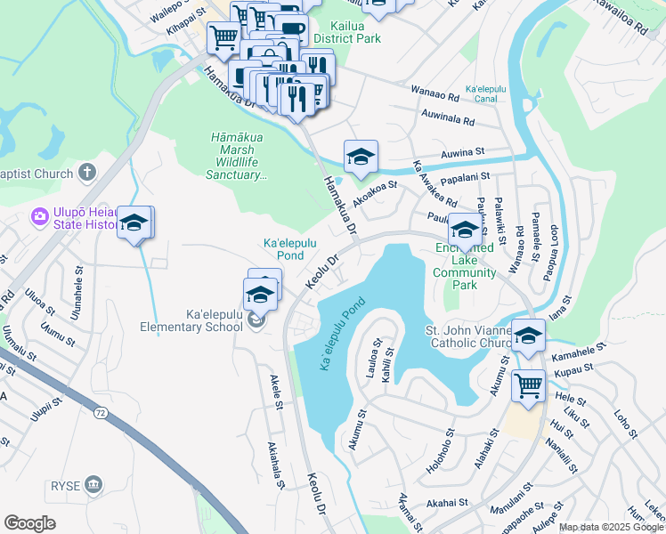 map of restaurants, bars, coffee shops, grocery stores, and more near 595 Keolu Drive in Kailua