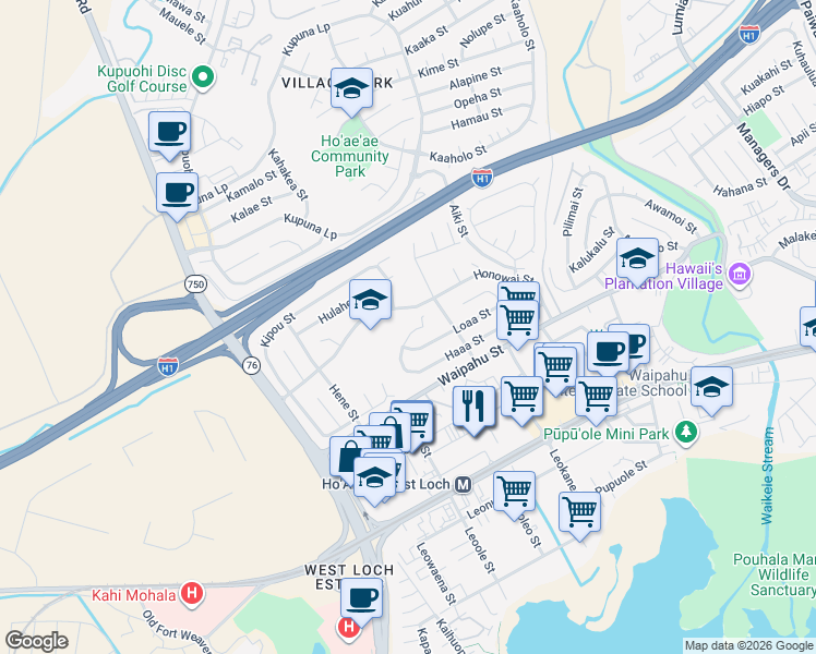 map of restaurants, bars, coffee shops, grocery stores, and more near 94-372 Haaa Street in Waipahu