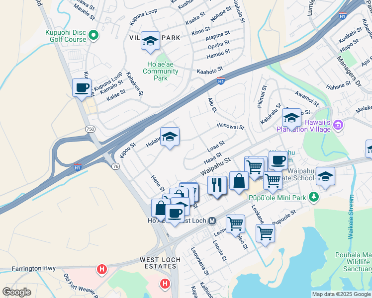 map of restaurants, bars, coffee shops, grocery stores, and more near 94-372 Haaa Street in Waipahu