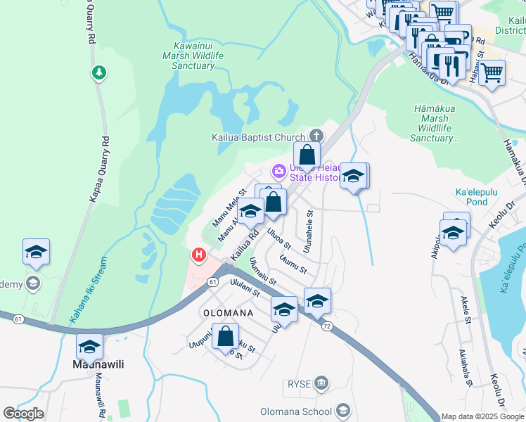 map of restaurants, bars, coffee shops, grocery stores, and more near 1230 Kailua Road in Kailua