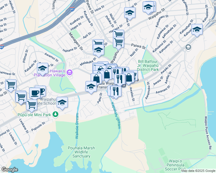 map of restaurants, bars, coffee shops, grocery stores, and more near in Waipahu