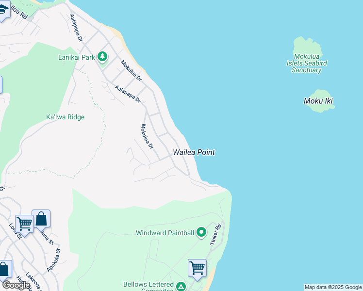 map of restaurants, bars, coffee shops, grocery stores, and more near 1450 Mokulua Drive in Kailua