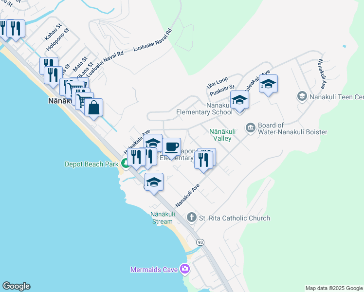 map of restaurants, bars, coffee shops, grocery stores, and more near 89-176 Mano Avenue in Waianae