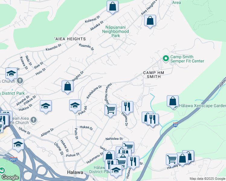 map of restaurants, bars, coffee shops, grocery stores, and more near 99-523 Mikioi Place in Aiea