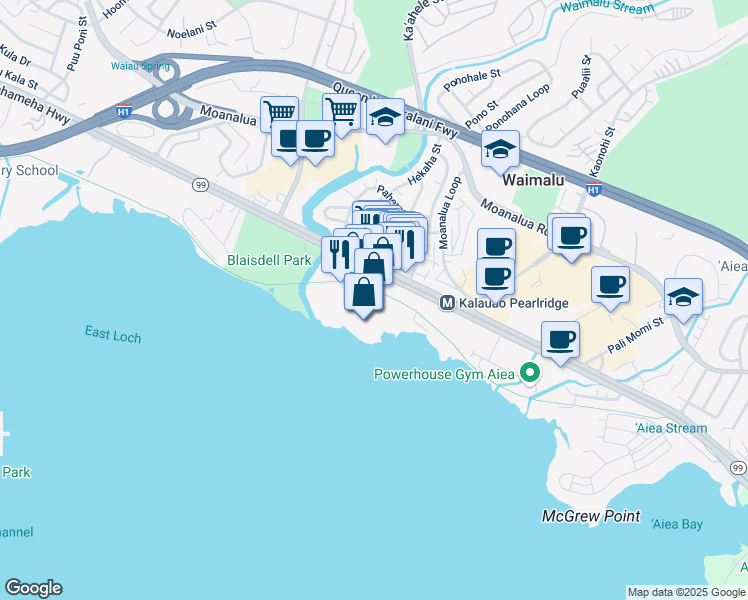 map of restaurants, bars, coffee shops, grocery stores, and more near 98-025 Hekaha Street in Aiea