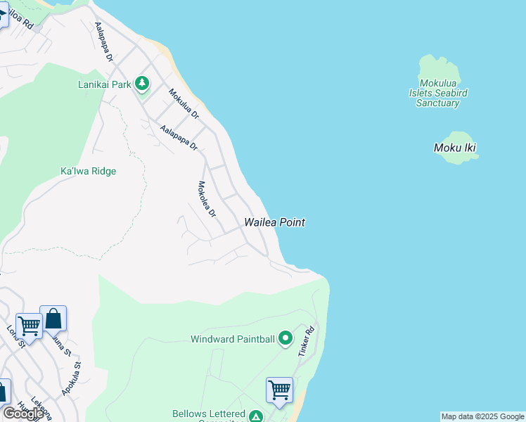 map of restaurants, bars, coffee shops, grocery stores, and more near 1450 Mokulua Drive in Kailua