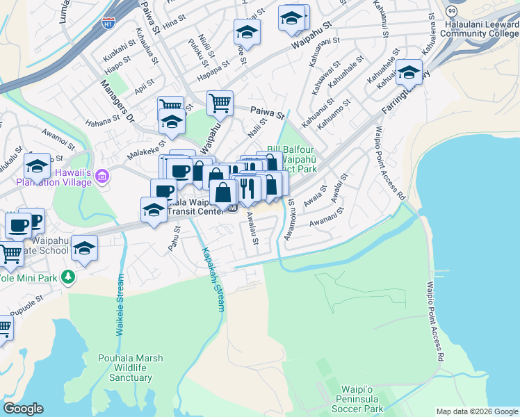 map of restaurants, bars, coffee shops, grocery stores, and more near in Waipahu