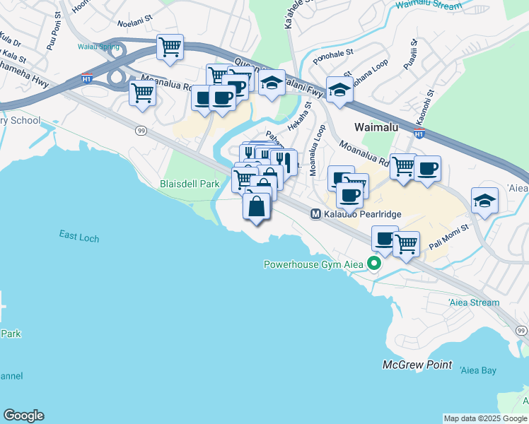 map of restaurants, bars, coffee shops, grocery stores, and more near 98-025 Hekaha Street in Aiea