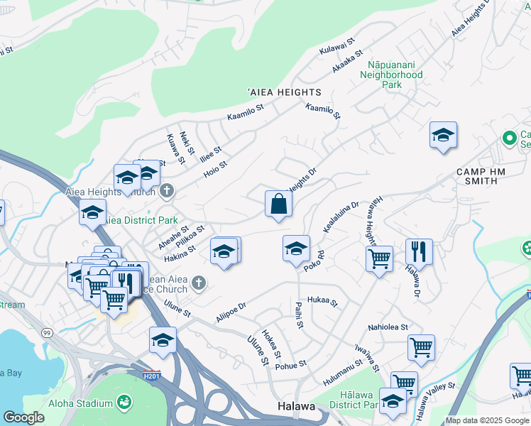map of restaurants, bars, coffee shops, grocery stores, and more near 99-633 Aiea Heights Drive in Aiea