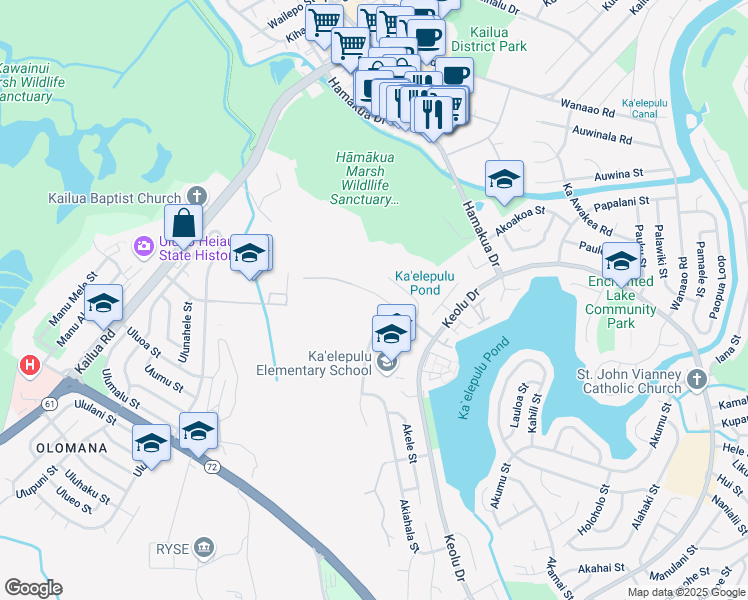 map of restaurants, bars, coffee shops, grocery stores, and more near 272 Akiohala Street in Kailua