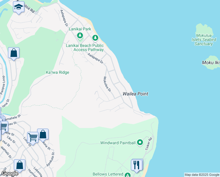map of restaurants, bars, coffee shops, grocery stores, and more near 1408 Mokolea Drive in Kailua