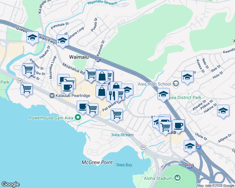 map of restaurants, bars, coffee shops, grocery stores, and more near 98-1071 Moanalua Road in Aiea