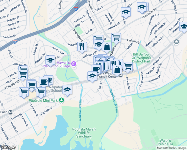 map of restaurants, bars, coffee shops, grocery stores, and more near 94-256 Hanawai Circle in Waipahu