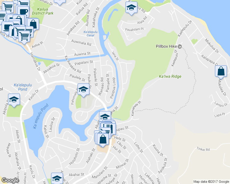 map of restaurants, bars, coffee shops, grocery stores, and more near 653 Paopua Loop in Kailua