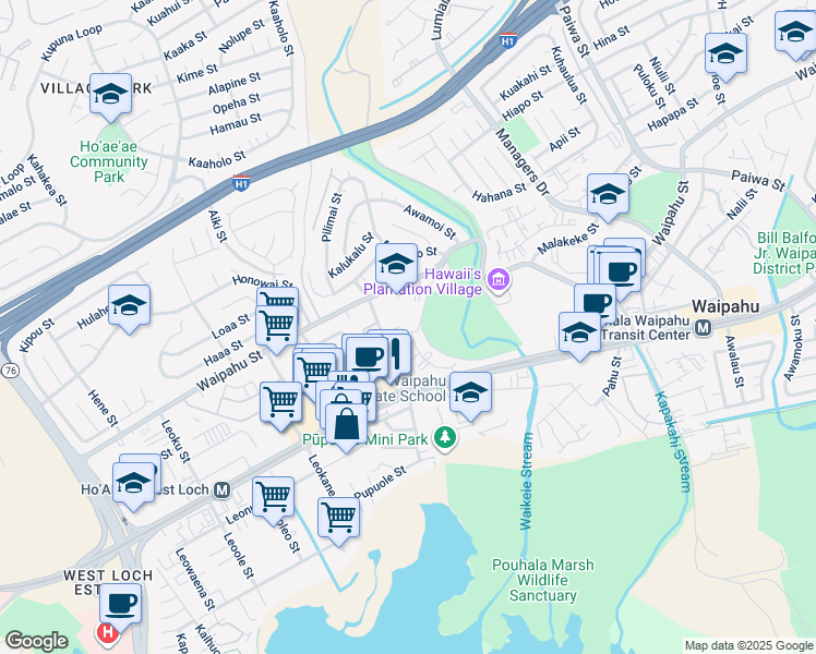 map of restaurants, bars, coffee shops, grocery stores, and more near 94-249 Waikele Road in Waipahu