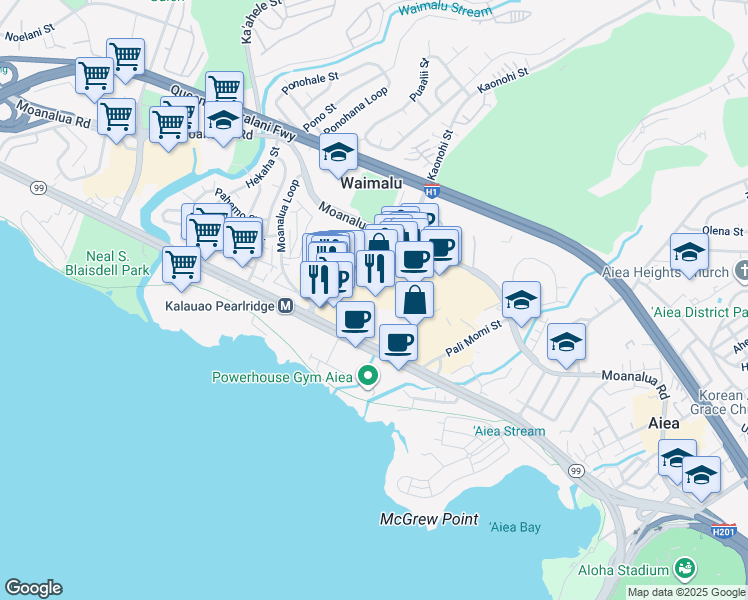 map of restaurants, bars, coffee shops, grocery stores, and more near 98-163 Kaonohi Street in Aiea
