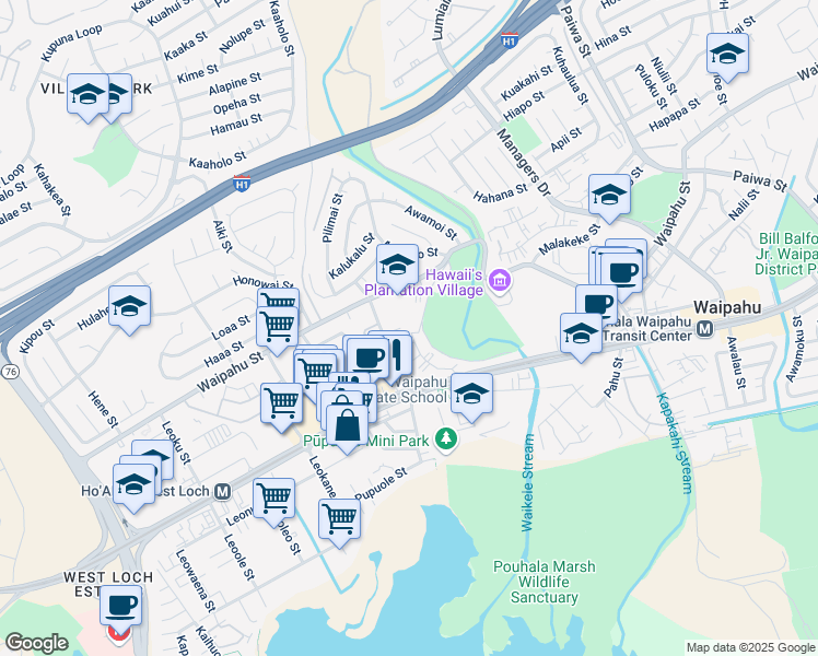 map of restaurants, bars, coffee shops, grocery stores, and more near 94-249 Waikele Road in Waipahu