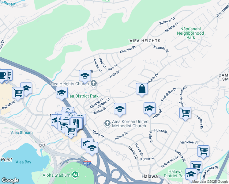 map of restaurants, bars, coffee shops, grocery stores, and more near 99-101B Kihewa Place in Aiea