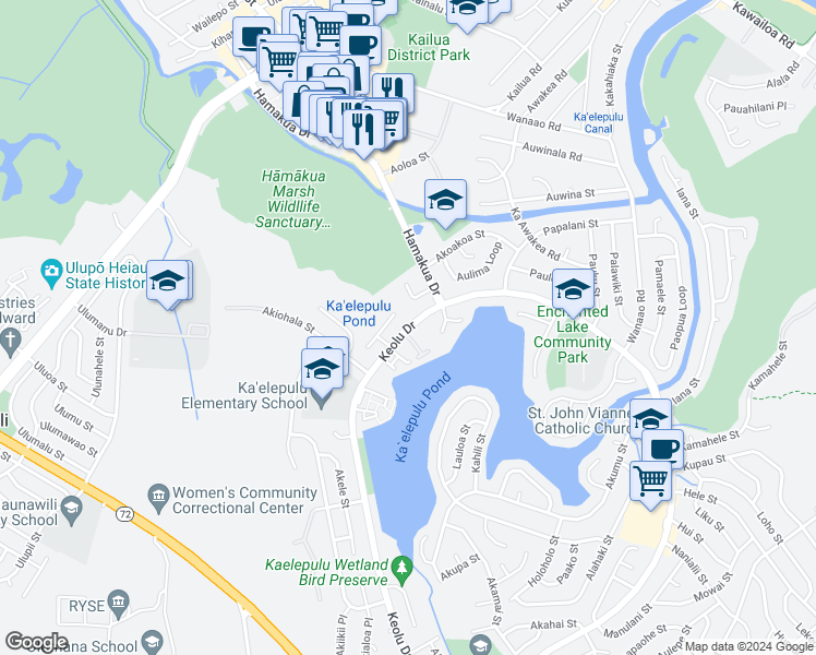 map of restaurants, bars, coffee shops, grocery stores, and more near 595 Keolu Drive in Kailua