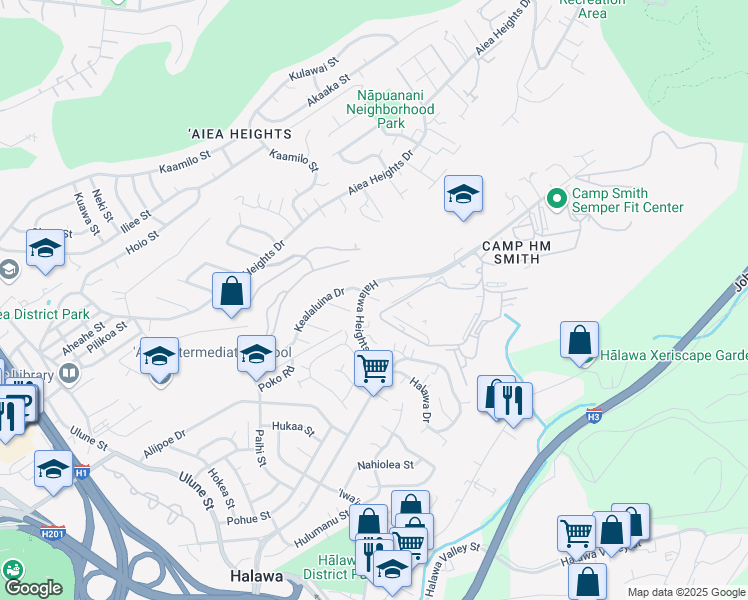 map of restaurants, bars, coffee shops, grocery stores, and more near 99-523 Mikioi Place in Aiea