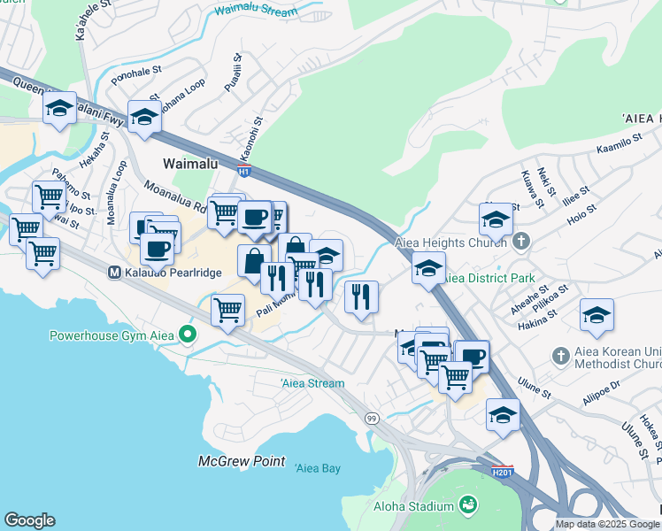 map of restaurants, bars, coffee shops, grocery stores, and more near 98-325 Koauka Street in Aiea