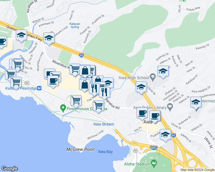 map of restaurants, bars, coffee shops, grocery stores, and more near 98-325 Koauka Street in Aiea