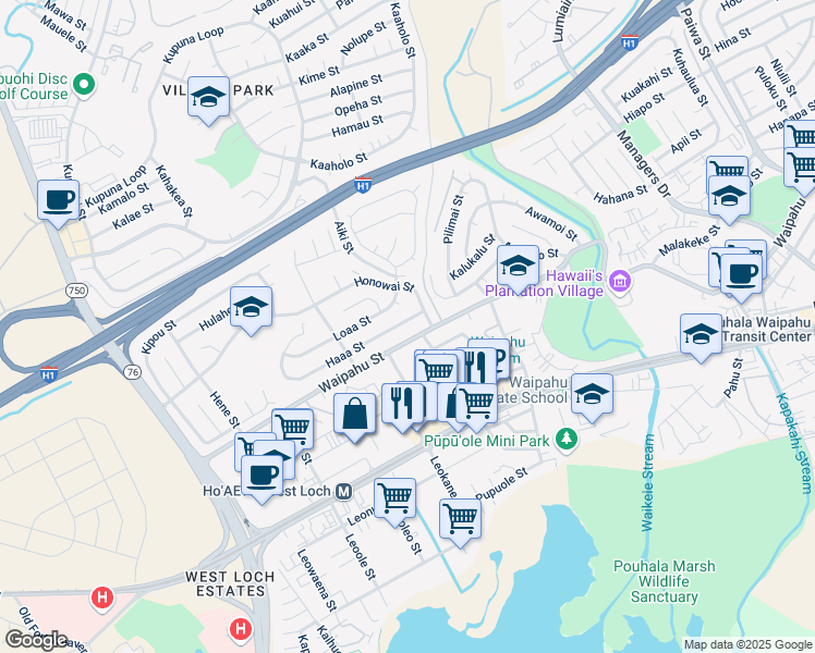 map of restaurants, bars, coffee shops, grocery stores, and more near 94-140 Haaa Street in Waipahu