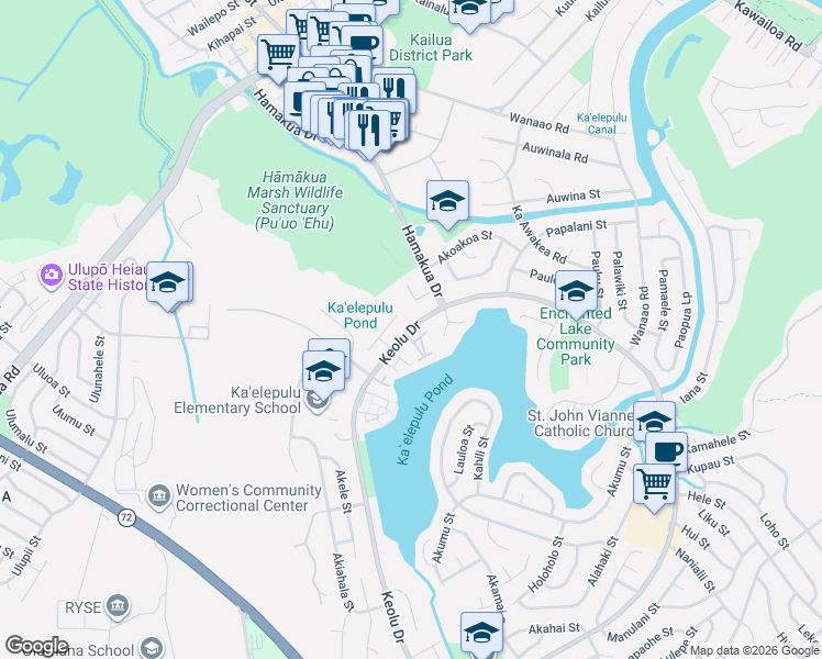 map of restaurants, bars, coffee shops, grocery stores, and more near 595 Keolu Drive in Kailua
