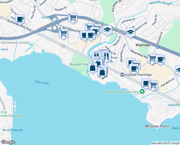 map of restaurants, bars, coffee shops, grocery stores, and more near 98-21 Kamehameha Highway in Aiea