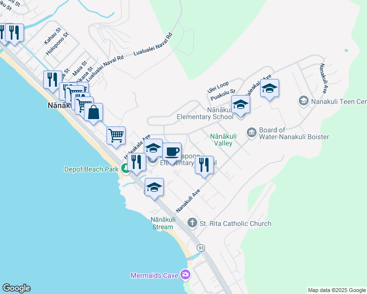 map of restaurants, bars, coffee shops, grocery stores, and more near 89-176 Mano Avenue in Waianae