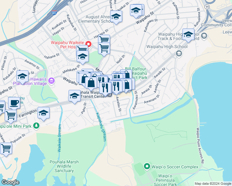 map of restaurants, bars, coffee shops, grocery stores, and more near in Waipahu