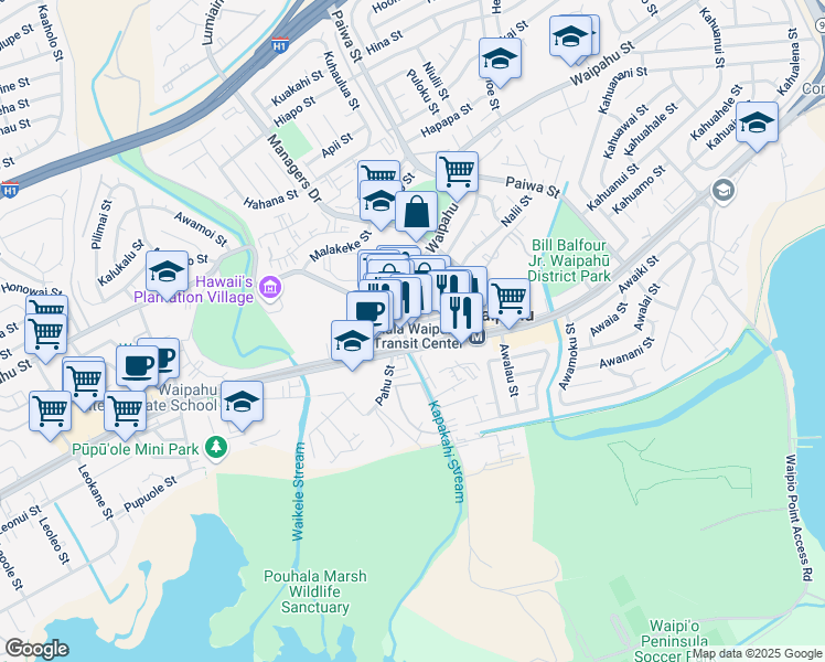 map of restaurants, bars, coffee shops, grocery stores, and more near 94-712 Farrington Highway in Waipahu