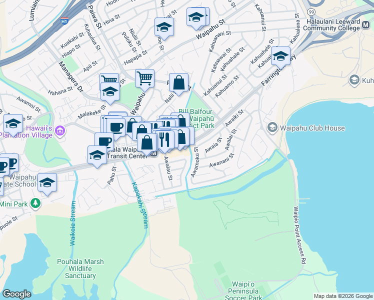 map of restaurants, bars, coffee shops, grocery stores, and more near 94-903 Farrington Highway in Waipahu