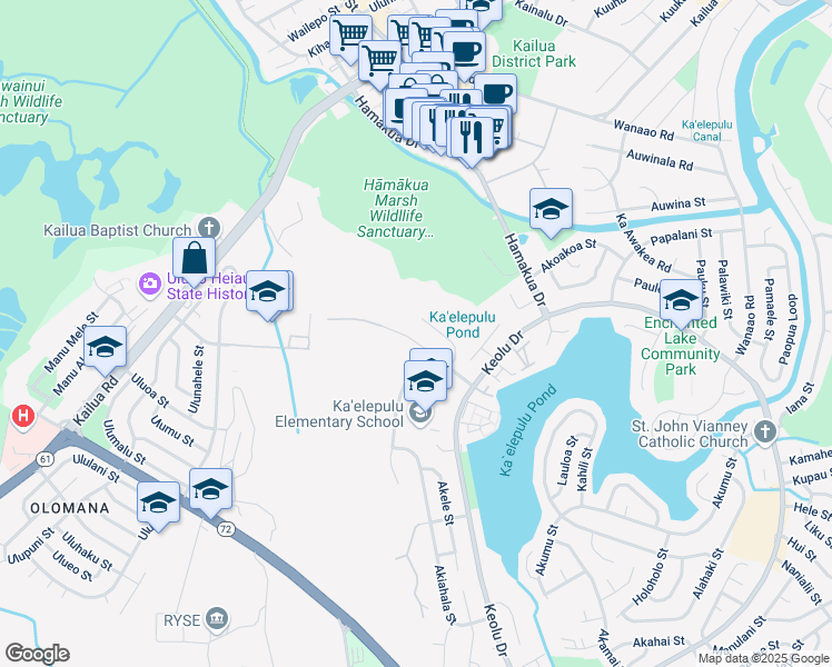 map of restaurants, bars, coffee shops, grocery stores, and more near 272 Akiohala Street in Kailua