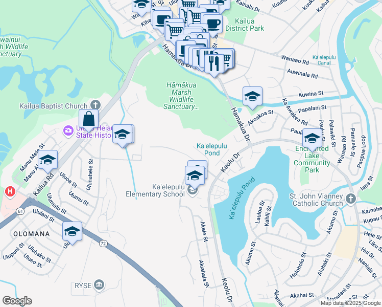 map of restaurants, bars, coffee shops, grocery stores, and more near 272 Akiohala Street in Kailua
