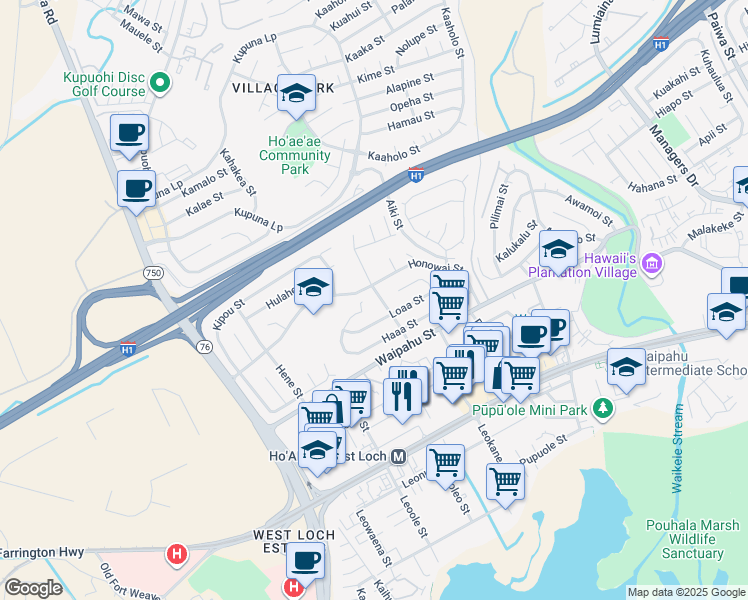 map of restaurants, bars, coffee shops, grocery stores, and more near 94-362 Hoaeae Street in Waipahu