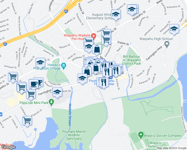 map of restaurants, bars, coffee shops, grocery stores, and more near 94 Waipahu Depot Street in Waipahu
