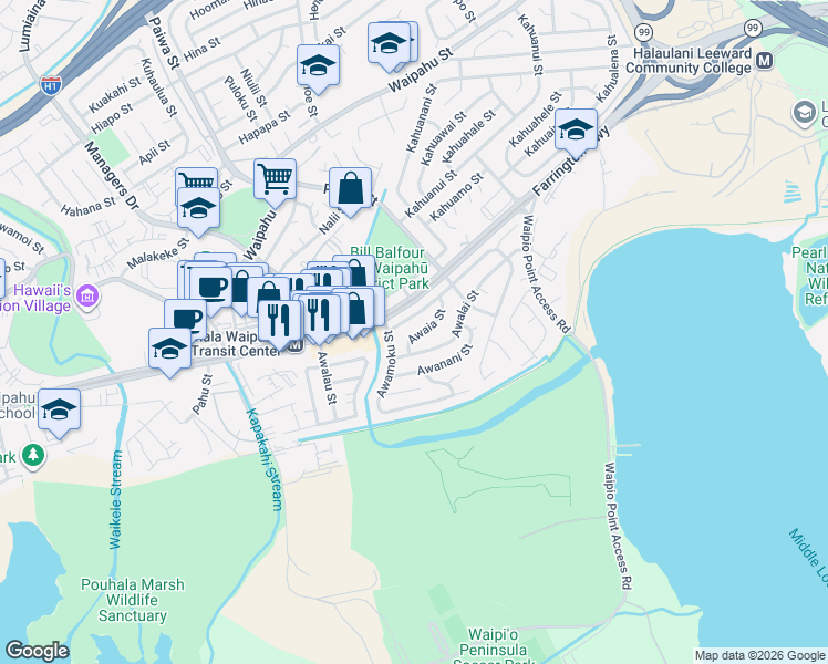 map of restaurants, bars, coffee shops, grocery stores, and more near 94-112 Awaia Street in Waipahu