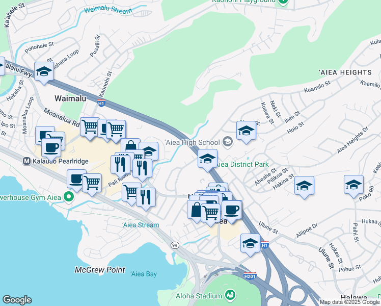 map of restaurants, bars, coffee shops, grocery stores, and more near 98-656 Keapua Place in Aiea