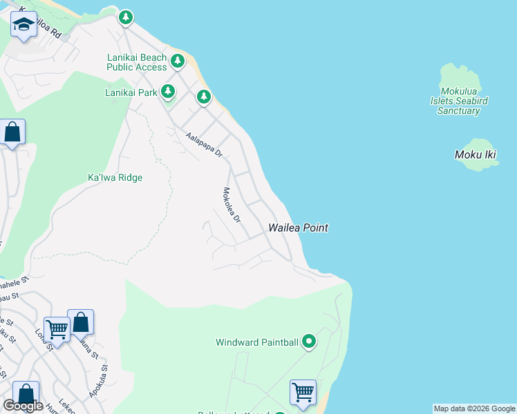 map of restaurants, bars, coffee shops, grocery stores, and more near 1430A Aalapapa Drive in Kailua