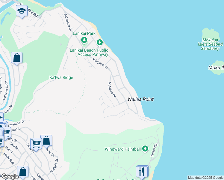 map of restaurants, bars, coffee shops, grocery stores, and more near 1409 Mokolea Drive in Kailua