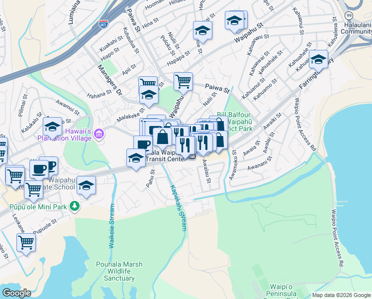 map of restaurants, bars, coffee shops, grocery stores, and more near in Waipahu
