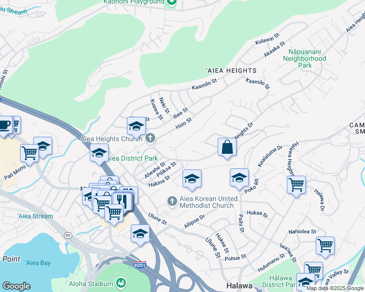 map of restaurants, bars, coffee shops, grocery stores, and more near 99-101B Kihewa Place in Aiea