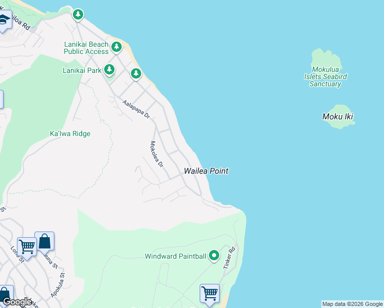 map of restaurants, bars, coffee shops, grocery stores, and more near 1418 Mokulua Drive in Kailua