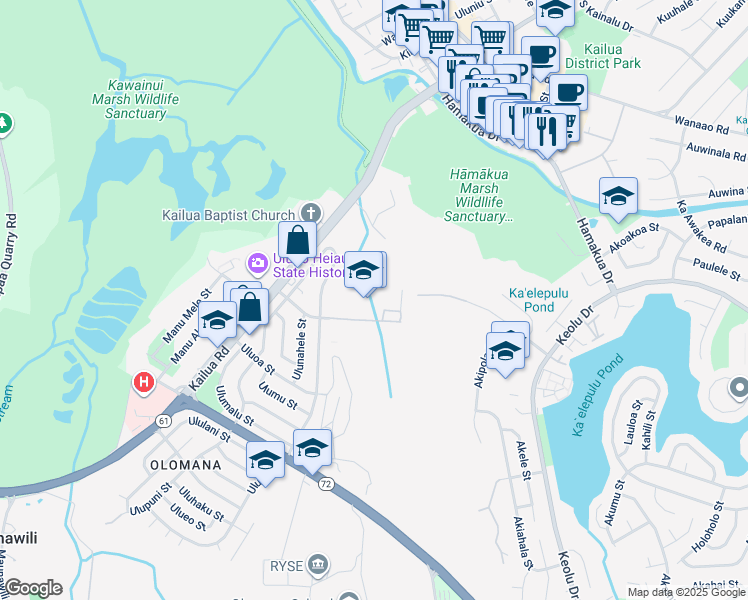 map of restaurants, bars, coffee shops, grocery stores, and more near 451 Ulumanu Drive in Kailua