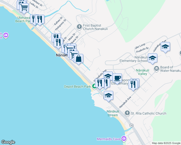 map of restaurants, bars, coffee shops, grocery stores, and more near 87-134 Helelua Street in Waianae