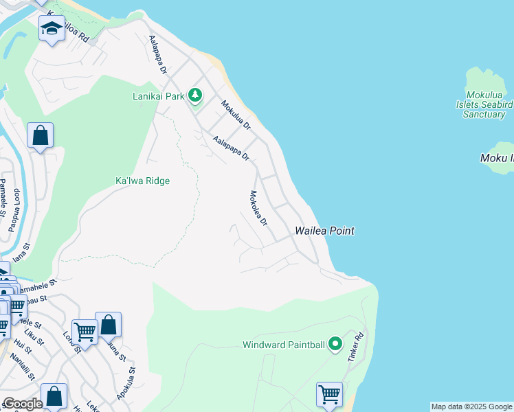 map of restaurants, bars, coffee shops, grocery stores, and more near 1342 Mokolea Drive in Kailua