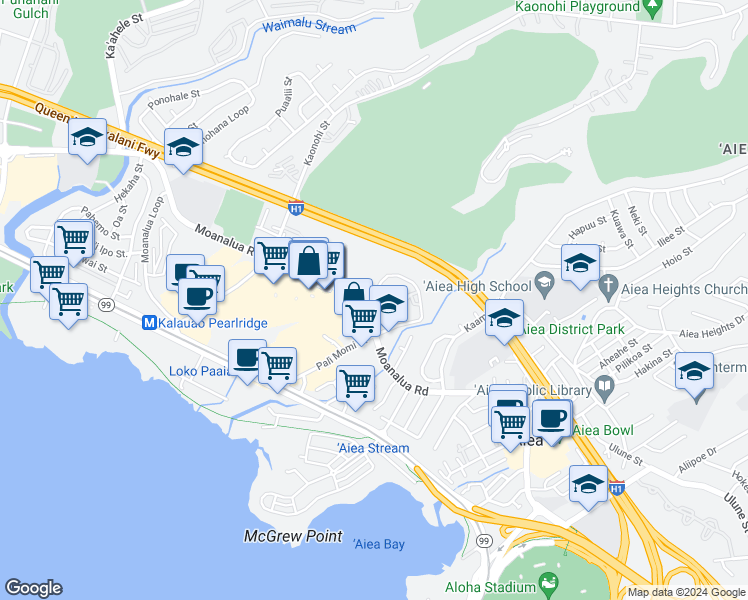 map of restaurants, bars, coffee shops, grocery stores, and more near 98-400 Koauka Loop in Aiea
