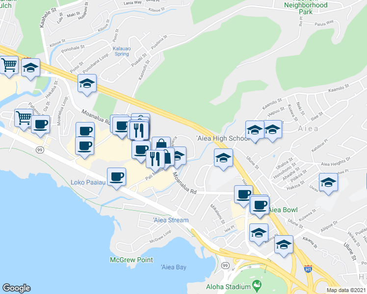 map of restaurants, bars, coffee shops, grocery stores, and more near 98-487 Koauka Loop in Aiea